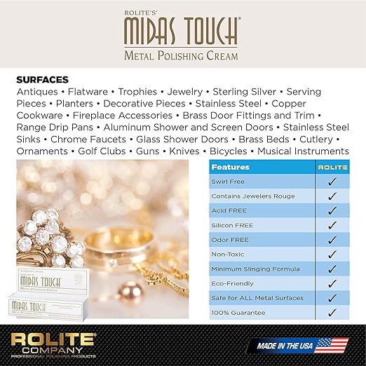 Rolite Midas Touch Metal Polishing Cream, 1 lb, 2 Pack, Cleaner and Polishing Rouge for Silver, Gold, Brass, Copper, Chrome, Restores Luster to Metal Surfaces, Polishing