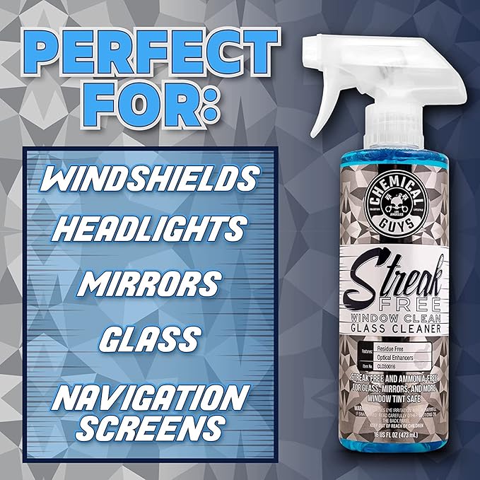 Chemical Guys Streak Free Glass & Window Cleaner (Glass, Windows, Mirrors, Nav Screens & More) Ammonia Free, 16 fl oz + Waffle Weave Glass and Window Microfiber Towel, Blue (24"x16")