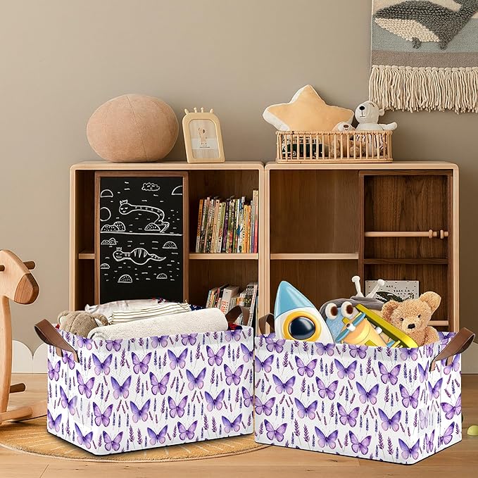 Lavender Storage Baskets,Purple Butterfly Foldable Organizer Bin with Handles for Home Living Room Bedroom Closet Box 17x11.5x10Inch