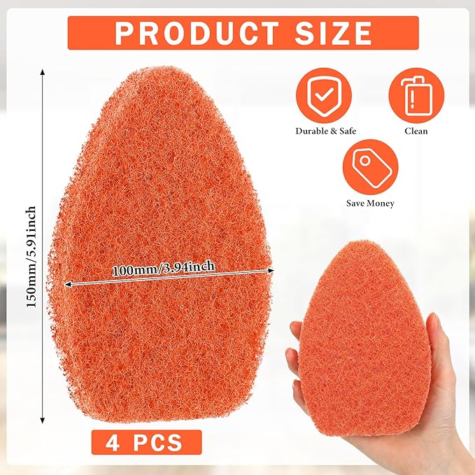 Baderke 4 Pcs Tub Tile Scrubber Cleaning Brush Pads (Without Handle) Brush Non-Scratch Scouring Pads for Shower Bathroom Buildup Toilet Wall Floor (Orange)