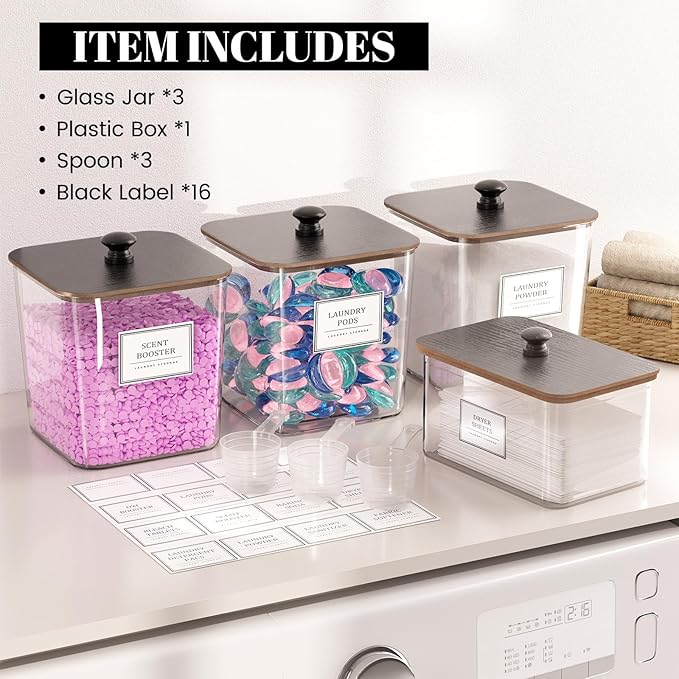 Laundry Pods Storage Container, Clear Laundry Room Organization and Storage,Detergent Powder Container,with Wooden Lids & Labels, 3+1 Pack（Black）