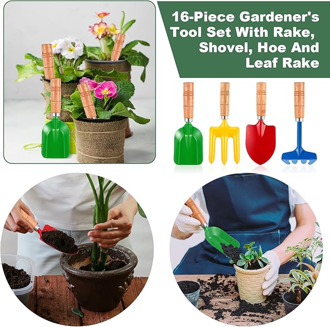 16 Pcs Gardening Tools Metal Garden Beach Sandbox Digging Including Shovel, Rake, Fork and Trowel, Garden Beach Sand Tools with Wooden Handle Hoe for Gift Outdoor Gardening