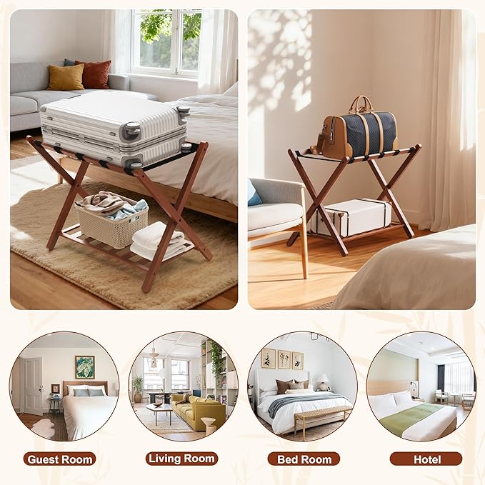 26.77"L Luggage Rack, Walnut Luggage Rack for Guest Room, Bamboo Folding Suitcase Stand with Storage Shelf, 5 Nylon Straps, Heavy Duty Luggage Holder for Bedroom Hotel, 1 Pack, Gift Box Packaging