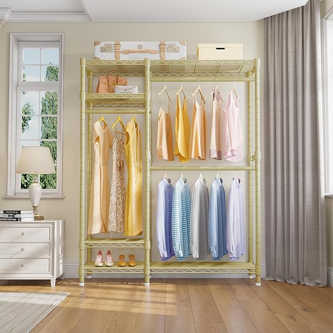 VIPEK V2 Heavy Duty Clothes Rack 4 Tiers Wire Shelving Garment Racks with 3 Hanging Rods Compact Freestanding Closet Metal Closet Rack, Max Load 700LBS, Gold