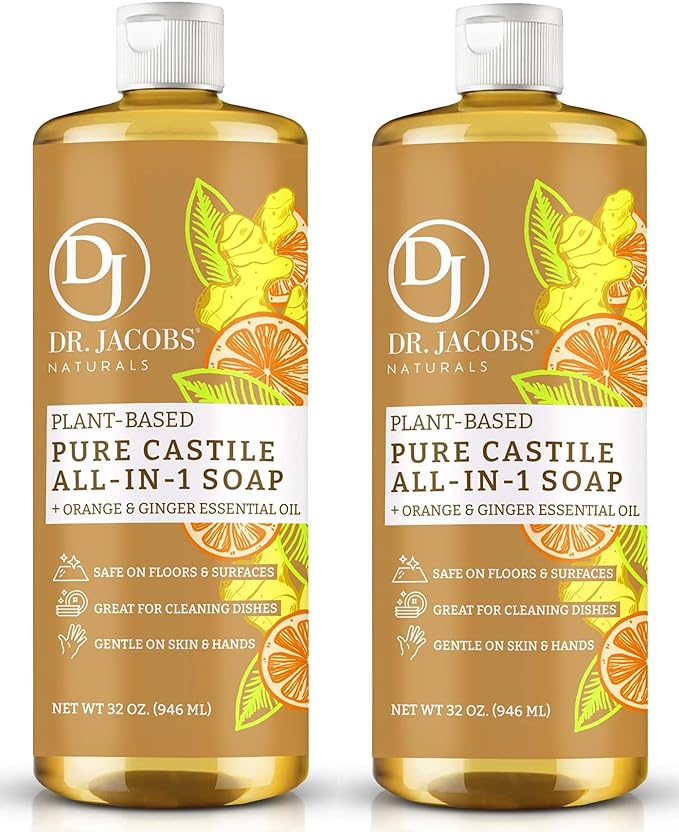 Dr. Jacobs Naturals Orange & Ginger Castile All-in-One Cleaner and Soap - Plant-Based Formula for House Cleaning Floors and Appliances - Gentle on Skin and the Planet - 32 oz, 2 Pack
