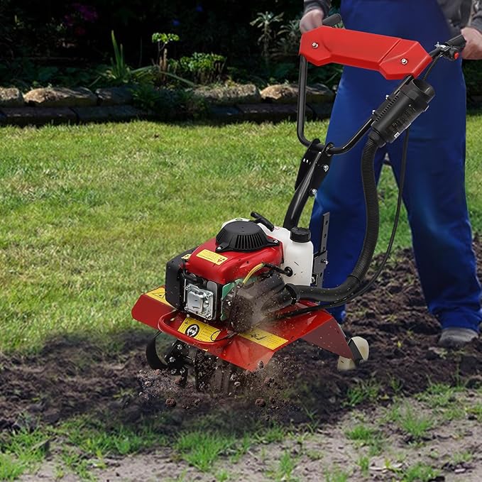 63CC Gas Powered Tiller, 4 Stroke Gas Powered Rototiller, 13.7 Inch Tilling Width, for Garden, Lawn, Greenhouses,Soil Cultivation and Orchards ﻿