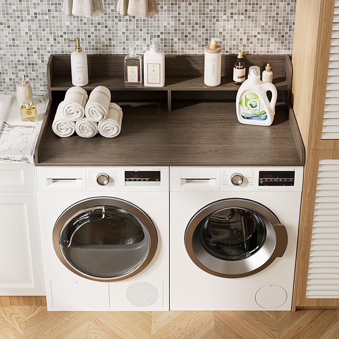 2-Tier Washer Dryer Countertop, Laundry Room Organization and Storage, 27.6" x 54" Wood Laundry Countertop for Washer and Dryer, Gray
