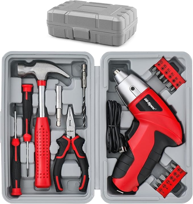 Hi-Spec 19pc 3.6V USB Small Power Screwdriver & Home DIY Tool Kit Set. Cordless & Rechargeable Electric Screwdriver and Compact Hand Tool Box Set,Red