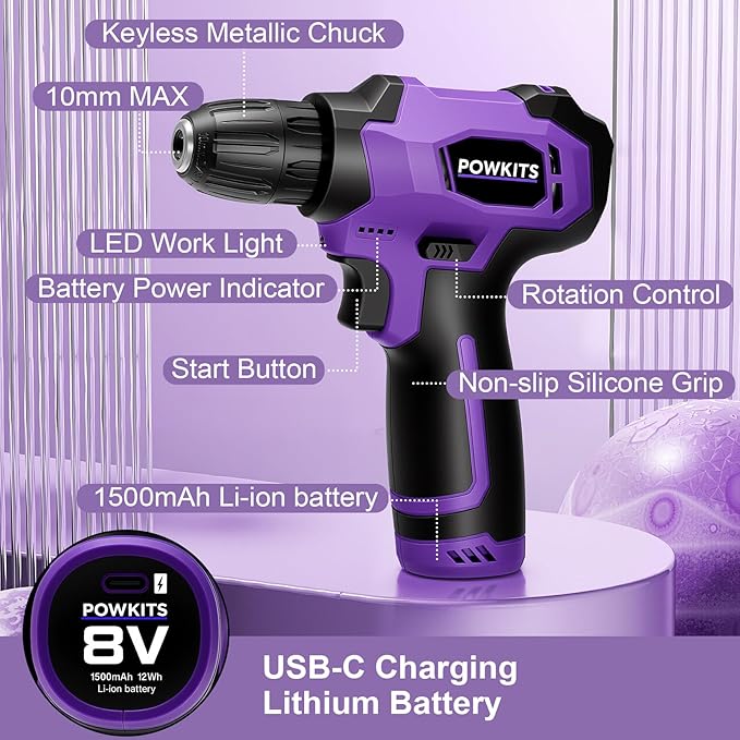 Tool Kit: 139 PCS Cordless Drill Set with Li-Ion Battery, 8V Power Drill with Type-C Charging, Portable Basic Home Tool Set for DIY Projects (Purple-A)