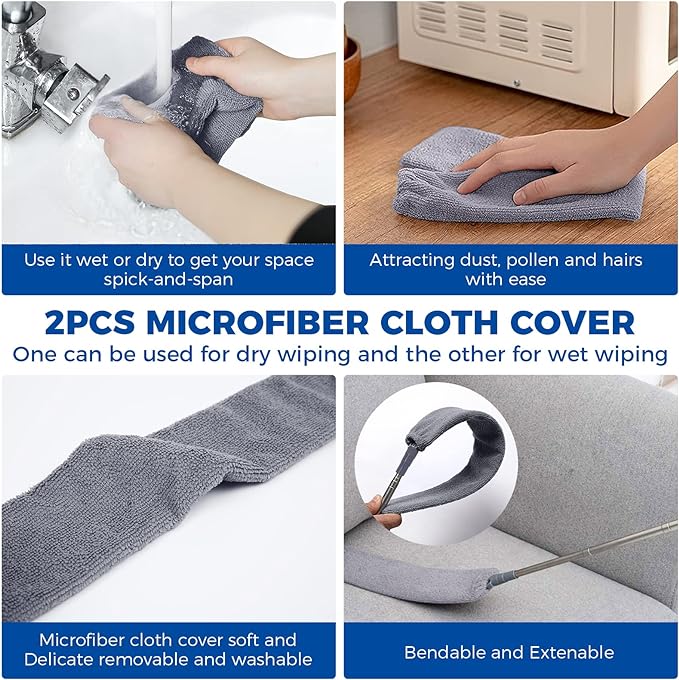 Retractable Gap Dust Cleaner Cleaning Tools with 2 Microfiber Dusting Cloths Long Handle 60inches Washable and Retractable Duster Brush for Cleaning Under Appliances Furniture Couch Fridge