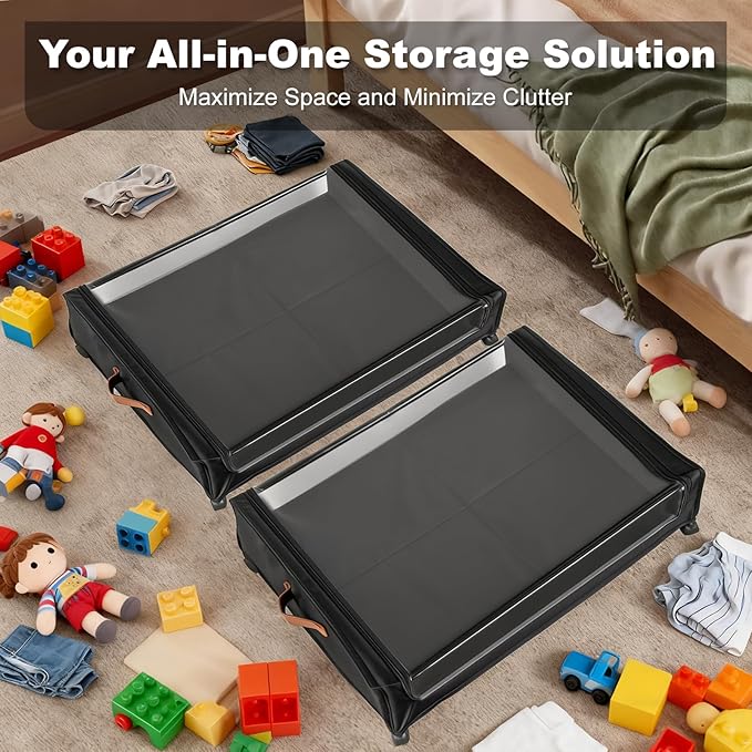 Larger Under Bed Storage with Wheels, 2-Pack XXL Underbed Shoe Storage with Clear Lid, Easy Pull-out Rolling Under Bed Storage Containers, Underbed Storage Bins for Clothes, Shoes, Black