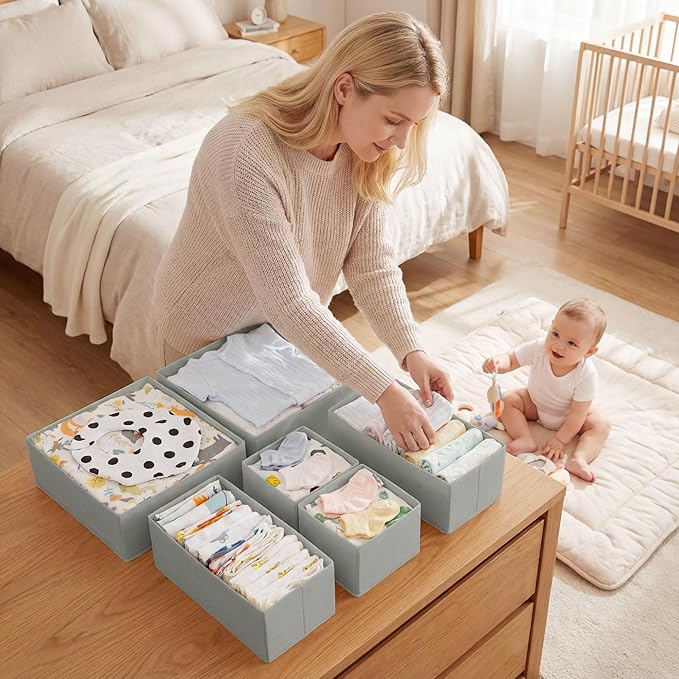 GRANNY SAYS Drawer Organizer Clothes, 12 Pack Dresser Organizer Bins for Nursery, Closet Organization and Storage Dividers for Clothing, Baby Clothes, Underwears, Gray