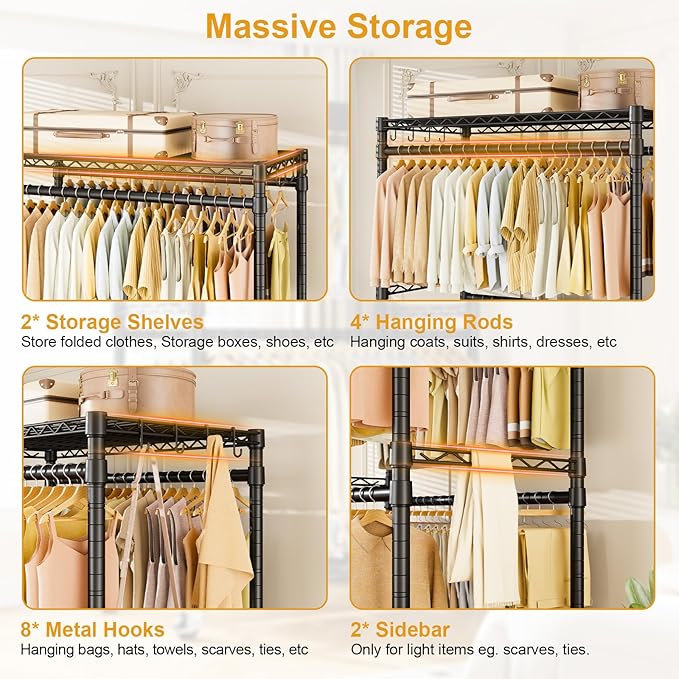 ULIFHOME P4 Plus Rolling Clothes Rack Heavy Duty, Clothing Racks for Hanging Clothes, Free Standing Garment Racks with Wheels, Portable Closet Rack 45''W × 20.5''D × 80.5''H, Max Load 570 Lbs, Black