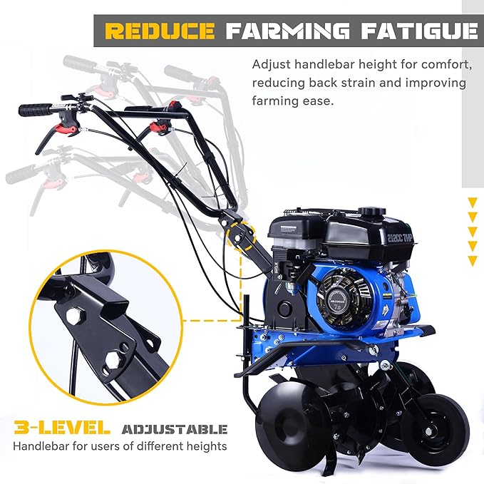 212CC 7HP Gas Tiller, 22" Adjustable Width, 4-Cycle Engine Cultivator with Instant Reverse, Heavy-Duty Steel Tines for Hard Soil, New Ground Breaking, Weed & Deep Cultivation (Blue)