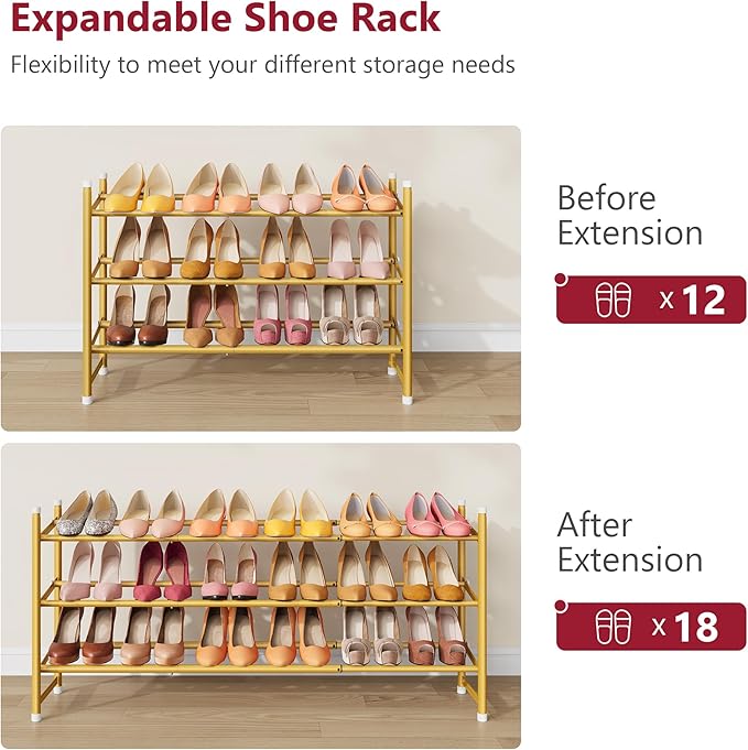 Tajsoon Expandable Shoe Rack for Closet 3 Tier, 28“-41“Adjustable & Stackable Shoe Shelf Storage, Metal Shoe Rack Organizer for Front Door Entrance, Closet, Garage, Entryway, Gold