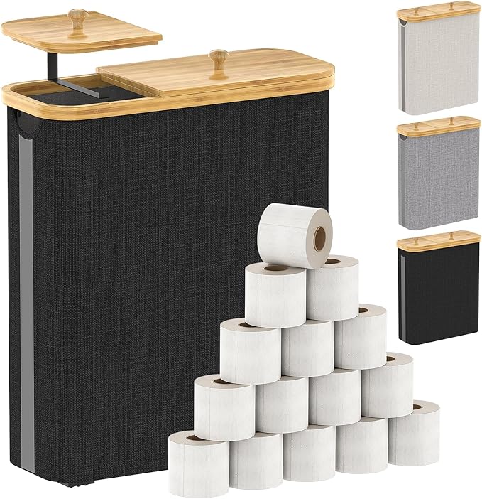 42L Toilet Paper Basket with Bamboo Lid, Toilet Paper Storage with Toilet Paper Holder & Non-Slip Mat for Bathroom Organizer, Holds up to 19 Regular Rolls or 14 Mega Rolls, Collapsible & Stackable