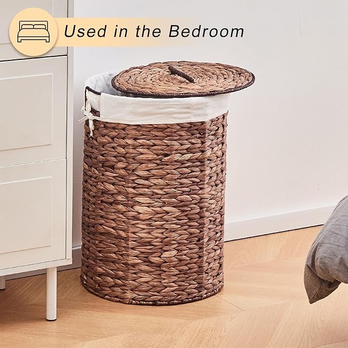 Round Water Hyacinth Laundry Hamper with Lid Handwoven Wicker Basket with Handles for Dirty Clothes, Storage, and Organization Ideal for Bedroom, Bathroom, and Laundry Room, No Assembly Required, 60L