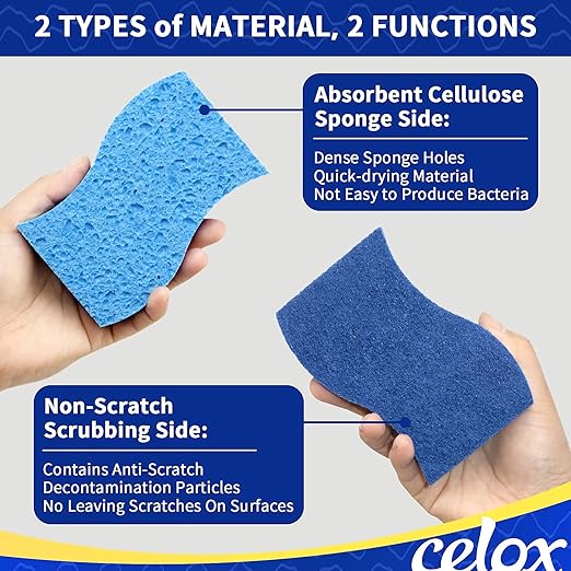 CELOX 6 Pack Non-Scratch Dish Sponge, Dual Sided Kitchen Sponges for Dishes, Long Lasting Dishwashing Household Cleaning Sponges for Kitchen, Easy to Dry and Reusable