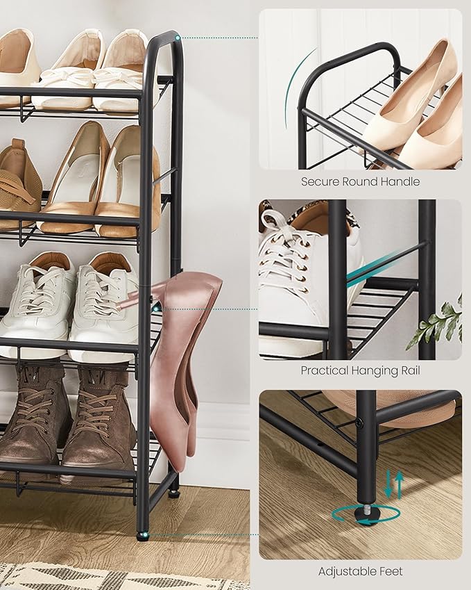 SONGMICS Stackable Shoe Rack, 4 Tier Metal Shoes Rack Storage Shelf, Holds up to 20 Pairs, Adjustable Slanted Shelves Tower Organizer for Closet Entryway Small Spaces, Black ULMR107BD01