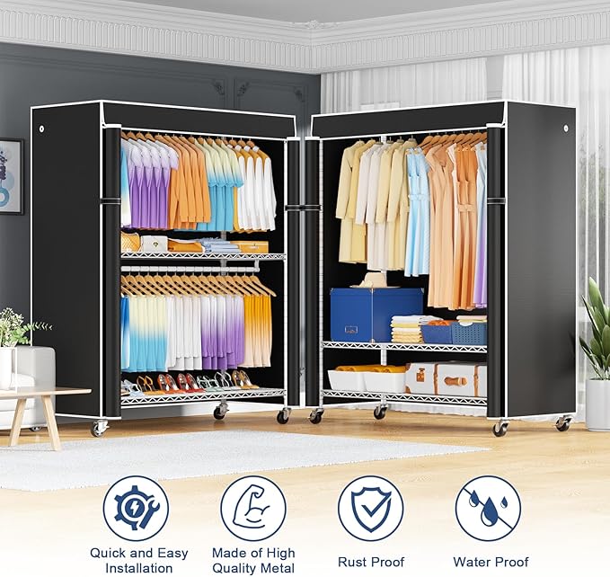ULIFHOME P8C Max Heavy Duty Clothes Rack（With Extended Width Design） Rolling Clothing Racks for Hanging Clothes with Lockable Wheels，51.2"W x 15.8"D x 80.5"H，Load 700LBS，White Rack with Black Cover