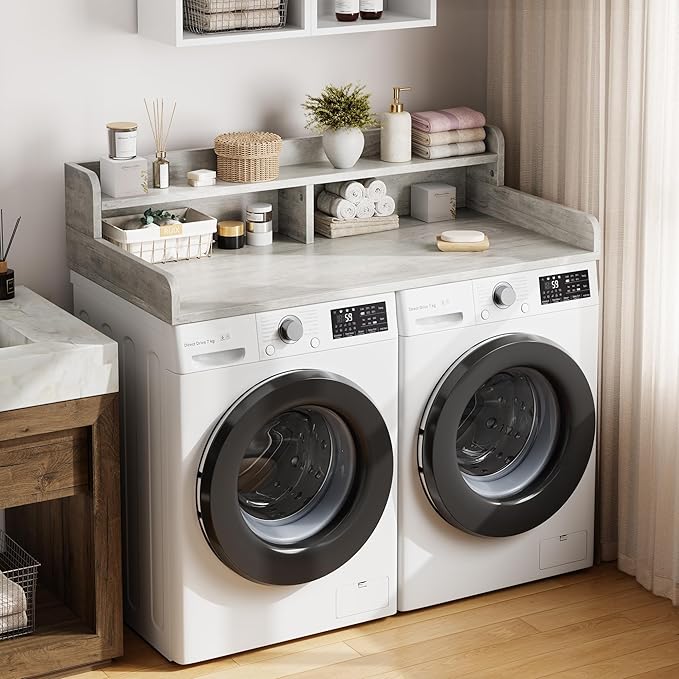 Garvee 54" Washer Dryer Countertop with 2-Tier Shelf, Wooden Laundry Countertop with Non-Slip Pad and Guard Rails, Washer and Dryer Topper for Laundry Room Organization