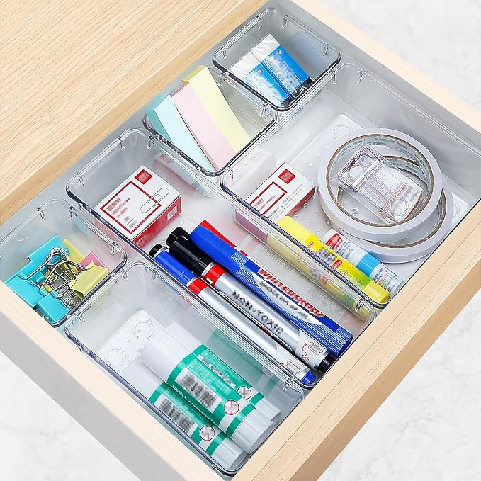 StorMiracle 16 PCS Drawer Organizer Set, 5 Varied Size Bathroom and kitchen Drawer cabinet organizer Trays, Clear Storage Bins for Makeup, Jewelry, Utensils and Gadgets