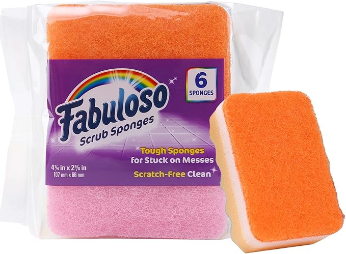 Fabuloso Scratch-Free Kitchen Dish Sponges, Rainbow Cellulose Scrubber Sponge with Scouring Pad for Dishes, Pots, Pans, Counters and Sinks, Tough on Messes, 4.25 x 2.75 x 1.25 in, 6 Count