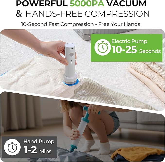 Vacuum Storage Bags for Travel - 12 Pack Compression Packing with Wireless Electric Pump for Luggage Vacuum Seal Bags for Clothes Space Saver Organizer for Moving Clothing Suitcase Travel