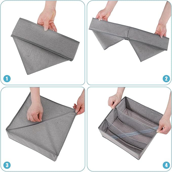 Dresser Drawer under Cabinet Clothes Organizer 3 Cell Foldable Storage Cubes Underwear Drawer Organizer Dividers Storage Boxes for Bra, （Grey）