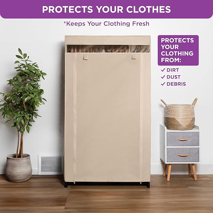HOLDN’ STORAGE Portable Wardrobe Closet - 50 lb Capacity, Internal Heavy Duty Metal Rod, Zipper & Clear Window, Durable Clothes Organizer, Tool-Free Easy Assembly, Beige Canvas Cover