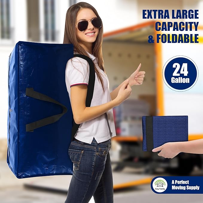 Cosy Family 4 Pack Heavy Duty Extra Large Moving Bags with Backpack Straps - Strong Handles & Zippers, Storage Totes For Space Saving, Fold Flat, Alternative to Moving Box (X-Large-Set of 4, Blue)
