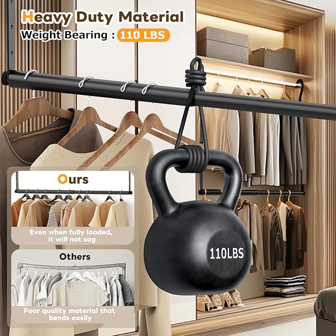 Mavivegue 2 Pack Adjustable Closet Rods for Hanging Clothes, Heavy Duty Closet Hanging Rod, Double Hanging Closet Rod, Space-Saving Closet Extender Hanging Rod, Black