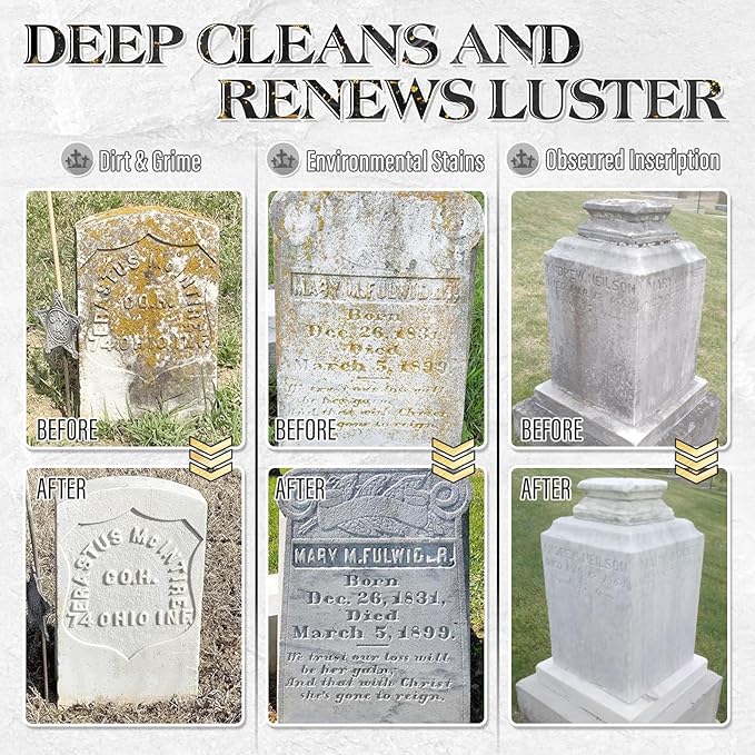Headstone Cleaner for Graves, Tombstone & Headstone, Removes Dirt, Moss & Other Grime, Tombstone cleaner for Restoring Natural Luster on Granite, Stone, Marble, Slate, Concrete & More, 8.8 oz