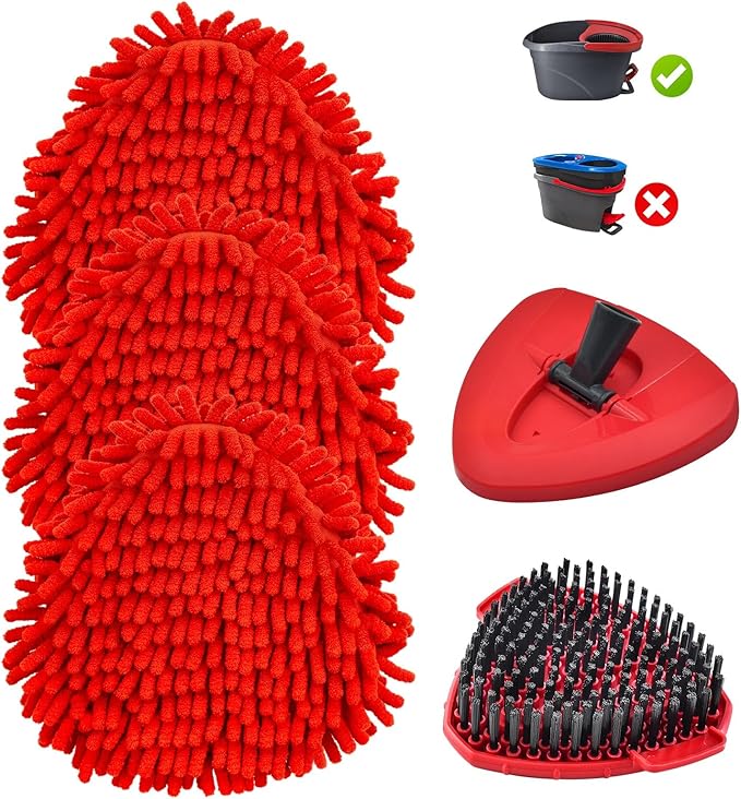 Chenille Mop Heads Replacements for Ocedar, Mop Replace Head for O Cedar Mops, Chenille Duster for Ocedar Easywring 1 Tank Spin Mops Includes 3 Pack Chenilles Pad Refills, 1 Scrub Brush and 1 Base