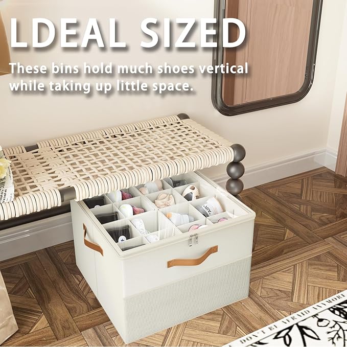 Shoe Organizer for Closet,2 Pack Foldable Shoe Storage Organizer Box Bin with Adjustable Dividers and Clear Cover, Fits up to 16-32 Pairs（Beige）