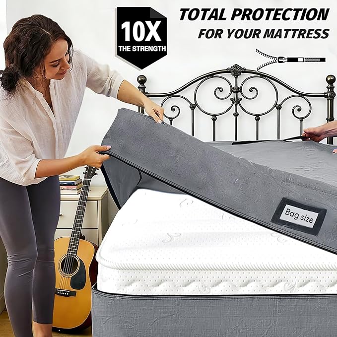Mattress Bags for Moving and Storage, BETU Waterproof Mattress Protector Twin XL Mattress Cover for College Dorm Essential with 8 Heavy Duty Handles and Zipper Thick Moving Supplies (82x42x13.5 Grey)