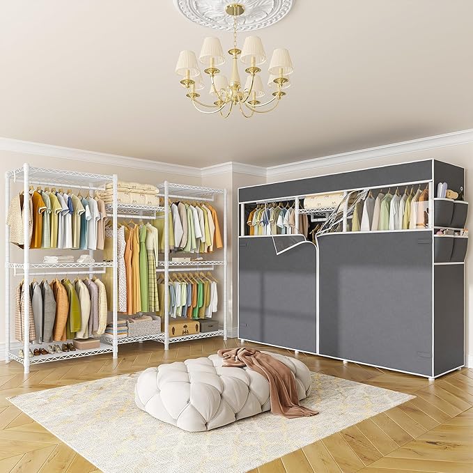 Raybee Clothes Rack with Cover,Clothing Racks for Hanging Clothes Heavy Duty,Portable Closet with Shelves,Adjustable,Loads 905 LBS,White,75" W*17.8" D*77" H