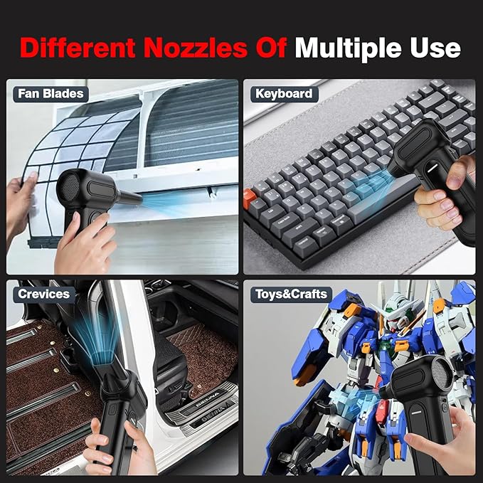 ANABOX Compressed air duster-150000 RPM Compressed Air Duster with LED Light, 8000mAh Rechargeable Battery, 4-Speed Adjustable mini Blower for Keyboard, Computer, Camera, Car, Home, 5 Nozzles
