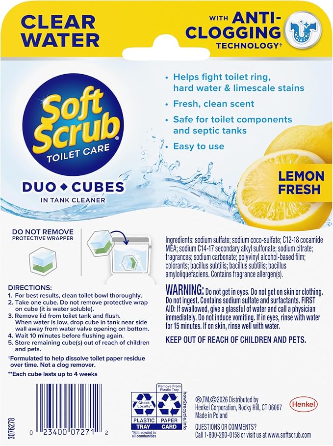 Soft Scrub In-Tank Toilet Cleaner Clear Water DuoCubes, 4ct, Lemon Fresh