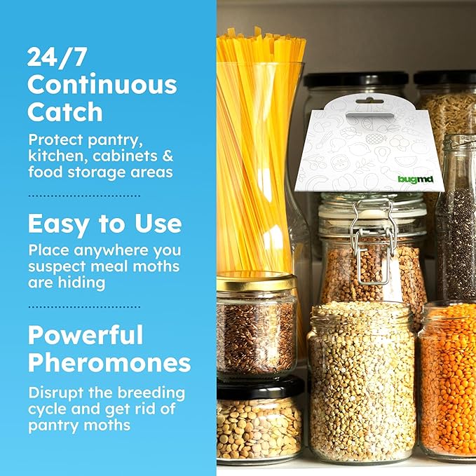 BugMD Pantry Moth Traps (6-Pack) – Pheromone-Based Sticky Glue Traps, Non-Toxic, Kills Indian Meal Moths – Kitchen & Food-Storage Safe - White