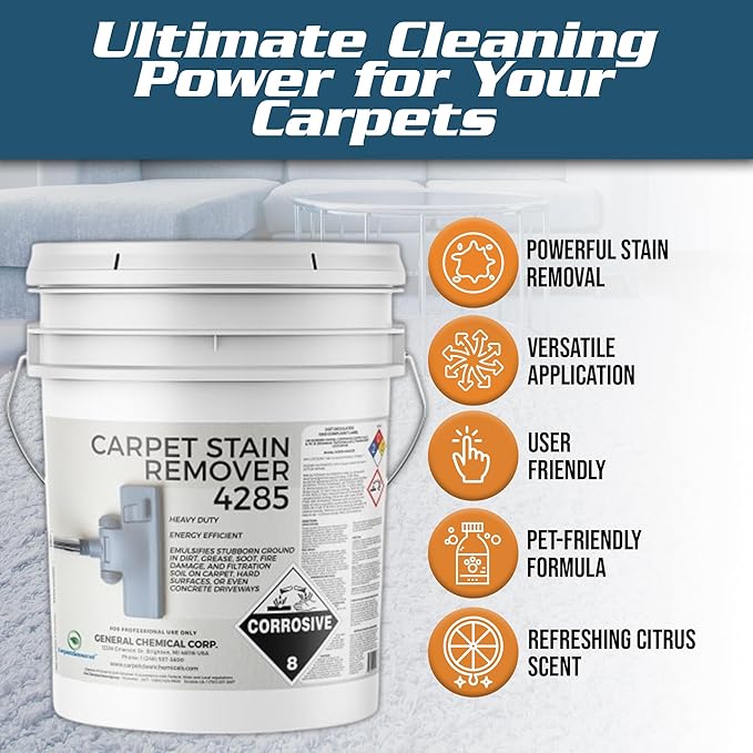 Heavy Duty Carpet Stain Remover 4285 - Easy Clean and Professional Carpet Cleaner Products - Residential & Commercial Multi-Purpose Spot, Stain Pretreater & Precleaner - 1 Gallon Pail