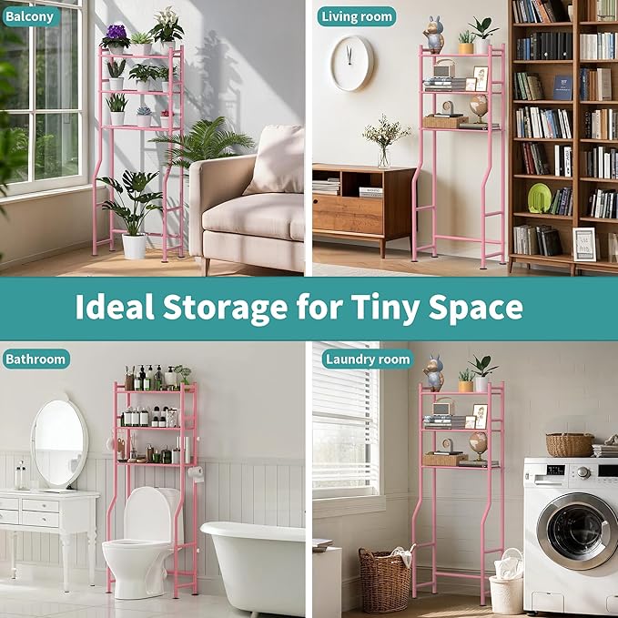 3-Tier Over The Toilet Storage Organizer, Space-Saving Bathroom Rack with Paper Holder & 4 Hooks, 64" Tall Freestanding Carbon Steel Shelf for Small Apartment Laundry Room (Pink)