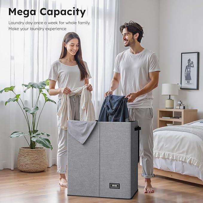 SOLEDI Double Laundry Hamper with Lid and Removable bag, Large Laundry Basket 2 Section with handles, Collapsible Dirty Clothes Hampers for Laundry, Bedroom, Dorm, College
