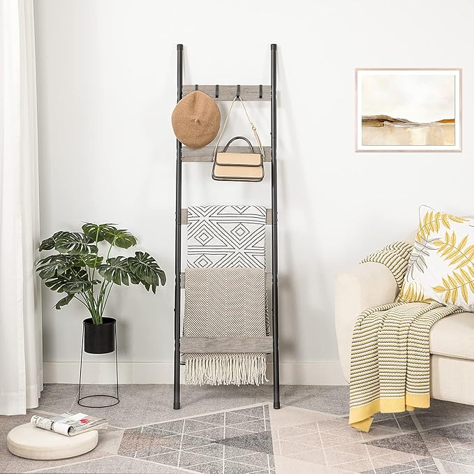 HOOBRO Blanket Ladder, 5-Tier Towel Rack with Hooks, Wall-Leaning Blanket Rack, Decorative Display Ladder Shelf, Scarves, Industrial, Living Room, Bedroom, Greige and Black BG52CJ01