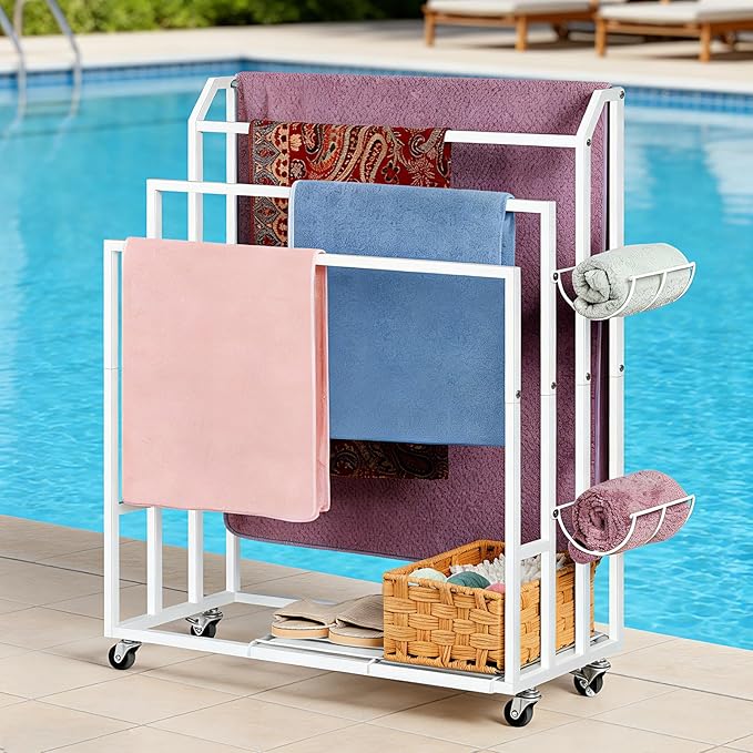 Freestanding Towel Rack for Bathroom Rolling Towel Storage Cart On Wheels Blanket Ladder with Shelf & 6 Hooks, Outddoor Poolside Towel Holder Stand, White