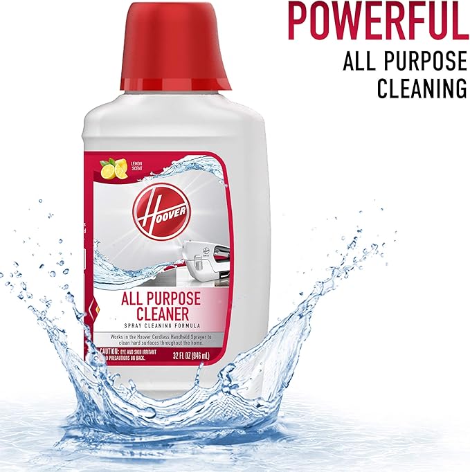 Hoover All Purpose Cleaner Solution, 32 oz., Lemon Scent, For Use on Hard Floors, Counters, Tubs and More, Formulated for Cordless Handheld Sprayer