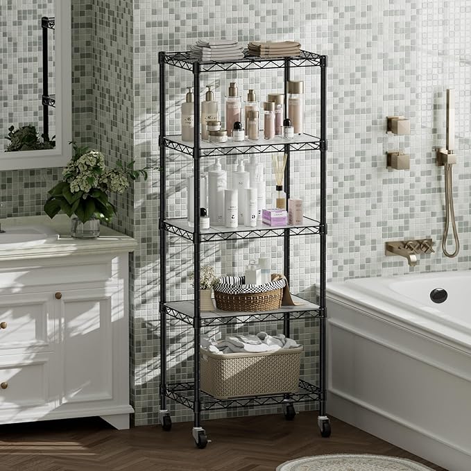 SINGAYE 5 Small Shelf Storage Wire Shelves Closet Bathroom Organizers Metal Pantry Kitchen Garage Shelving Unit Laundry Room Organization Home Narrow Rack Net Basket with Wheels Black