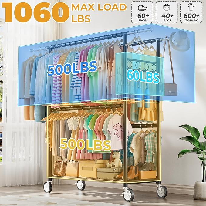 Heavy Duty Clothes Rack Load 1060LBS, Four Rods Rolling Clothing Racks for Hanging Clothes, Rolling Garment Rack With Sturdy Wheels Shelves Hooks, Portable & Adjustable Commercial Garment Rack, Black