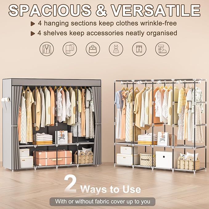 Neatrays Portable Closet, 66 Inch Large Capacity Wardrobe for Closet Organizers and Storage with Non-Woven Fabric Cover, 4 Hanging Rods, 8 Shelves(Grey)