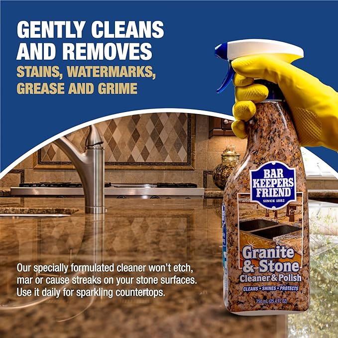 Bar Keepers Friend Stone & Granite Cleaner and Polish (25.4 oz) Plus 1 Microfiber Cloth, 2pc Cleaning Kit, Multi Surface Cleaner for Use on Natural, Manufactured & Polished Stone Countertops